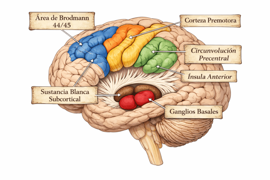 áreas cerebrales implicadas en la afasia de Broca